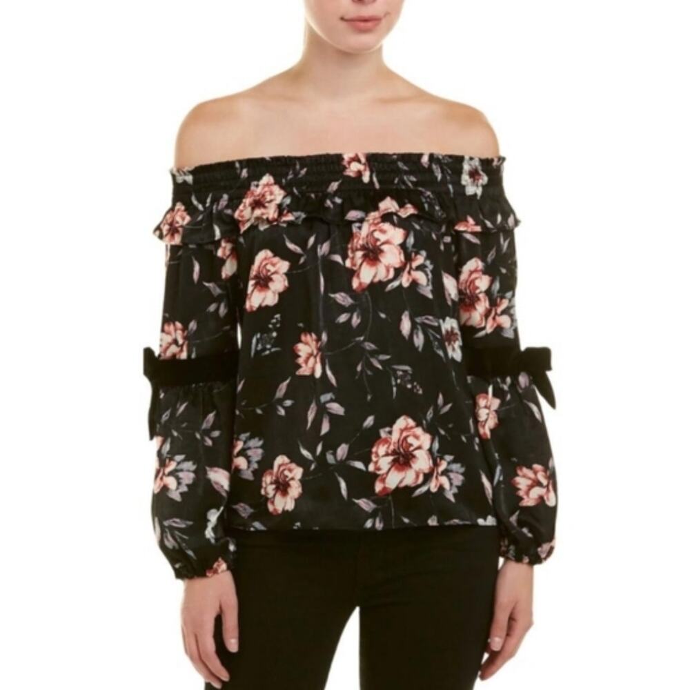 MISA Belva Floral Bow Tie Balloon Sleeve Off Shoulder Blouse Medium